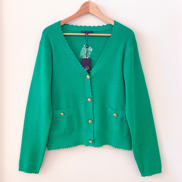 Adrianna Papell Cardigan Sweater Scallop Trims Gold Buttons Faux Front Pockets - Picture 13 of 13